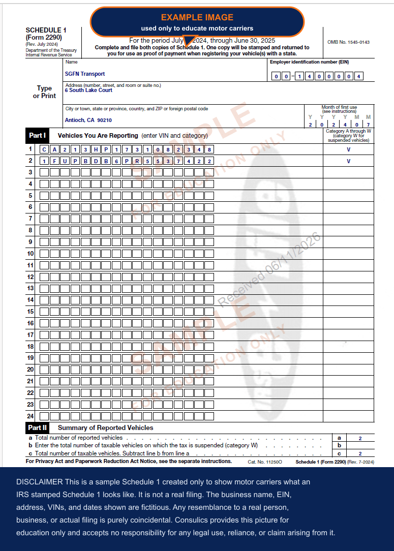 Example of an IRS stamped Schedule 1 for Form 2290 showing the e file watermark, reported VINs, and proof of HVUT payment