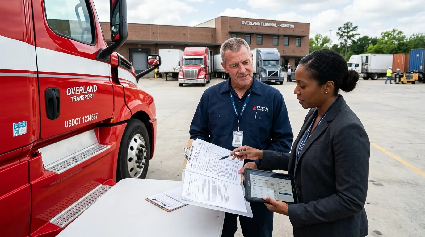 Commercial Class 8 tractor trailer driver and fleet manager reviewing IRS Form 2290 instructions and Schedule 1 requirements