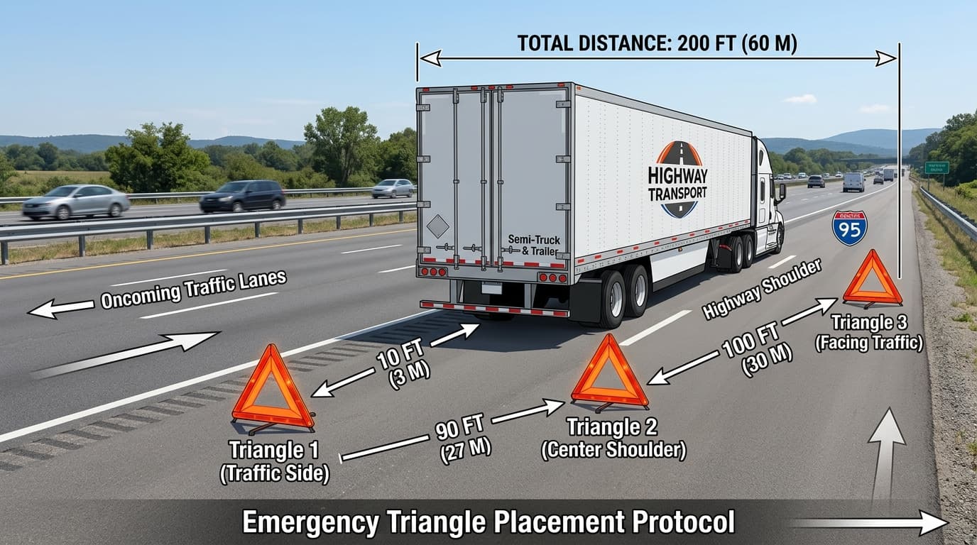 FMCSA 49 CFR 392.22 Commercial Truck Emergency Warning Triangle Placement Diagram