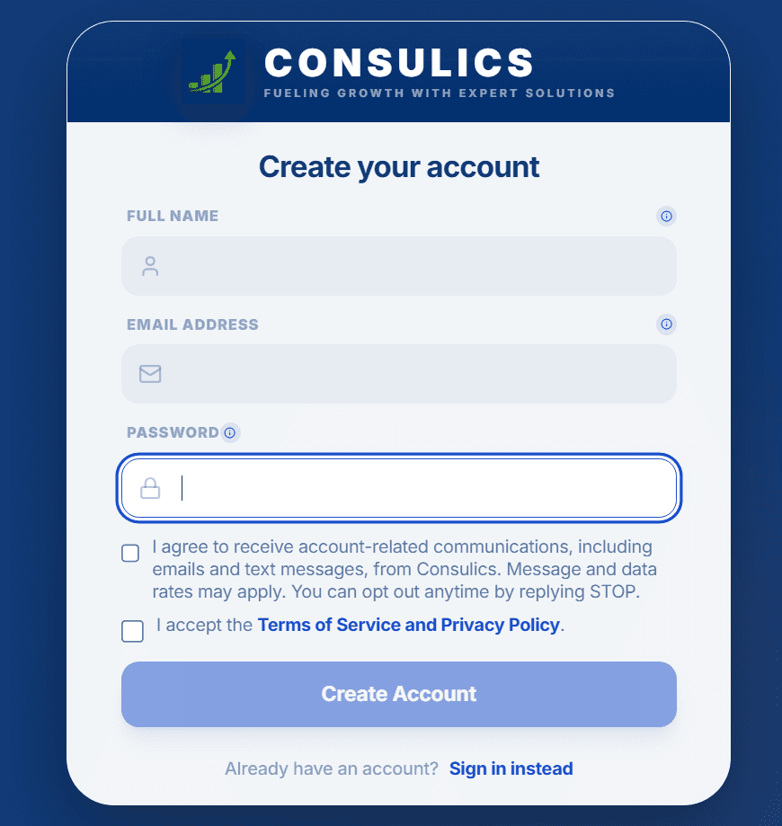 Create Account screen