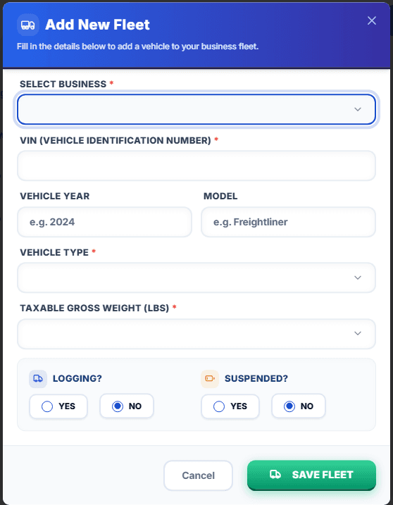 Add Vehicles screen