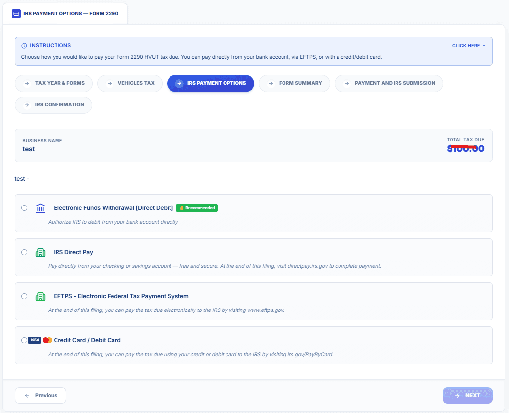 IRS Payment screen