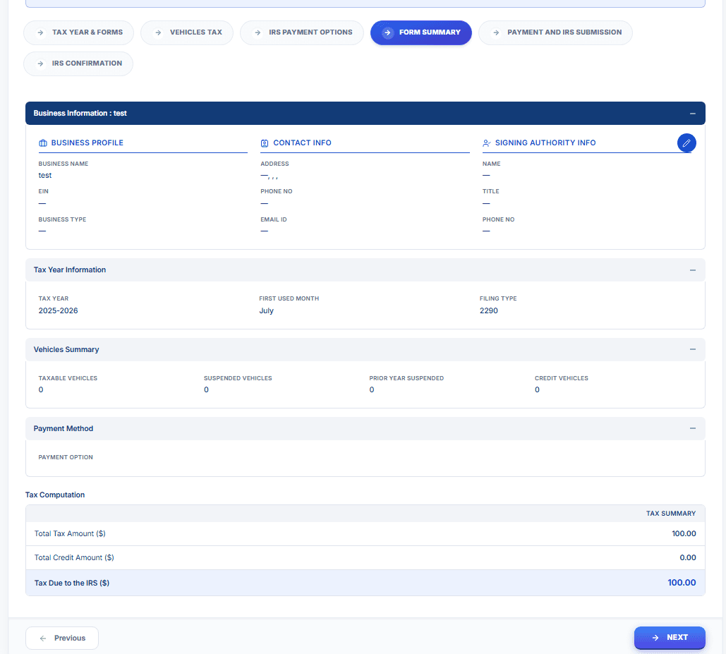 Form Summary screen