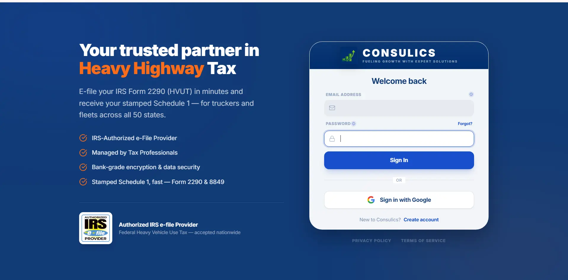 Consulics secure login and account creation portal for IRS Form 2290 e-filing
