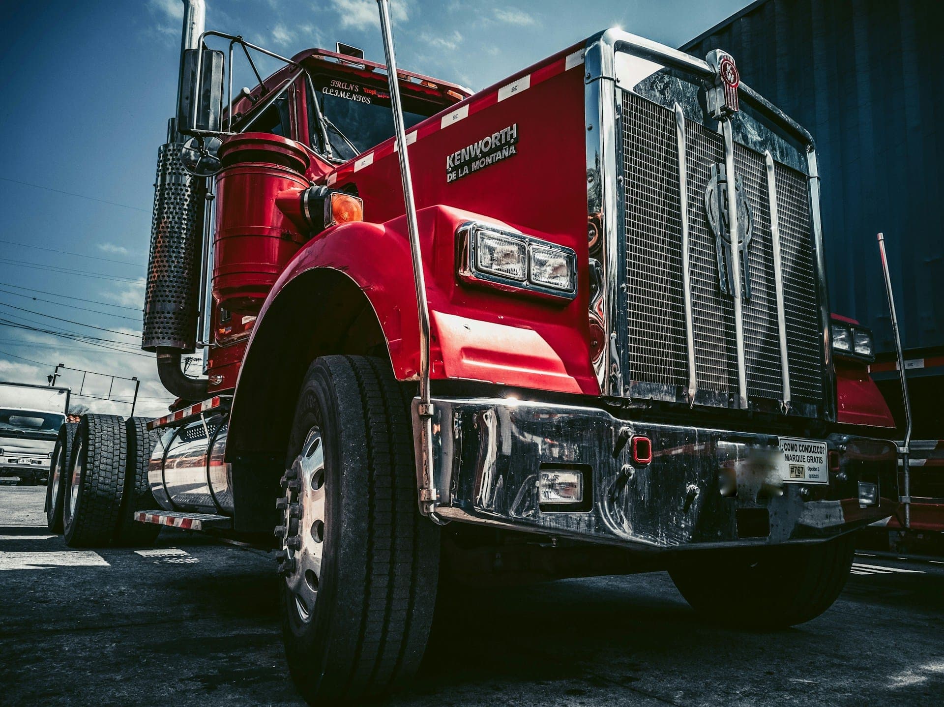 Front view of a red Kenworth semi-truck