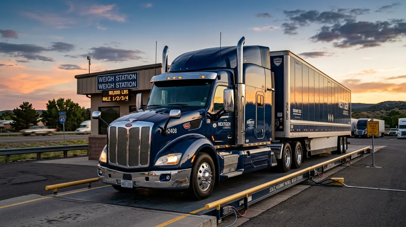 Peterbilt Class 8 semi-truck on a certified highway weigh station scale platform at dusk