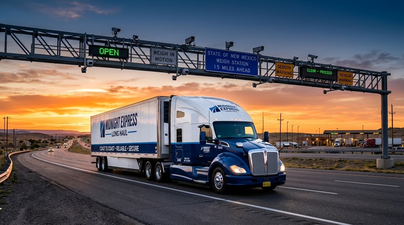 Class 8 commercial tractor-trailer driving through highway weigh-in-motion sensor scale gantry to verify Form 2290 weight category