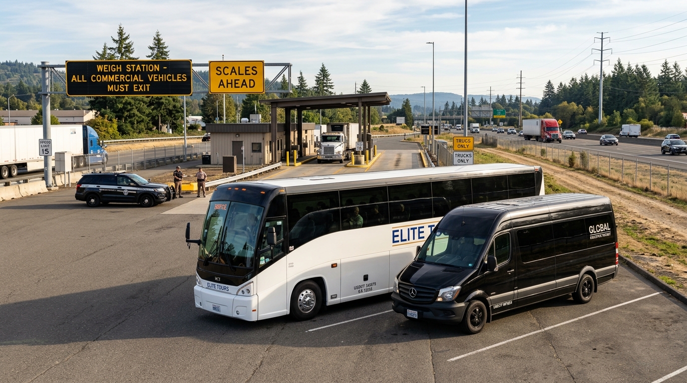 Commercial passenger luxury motorcoach bus and executive black sprinter van at highway weigh station inspection checkpoint