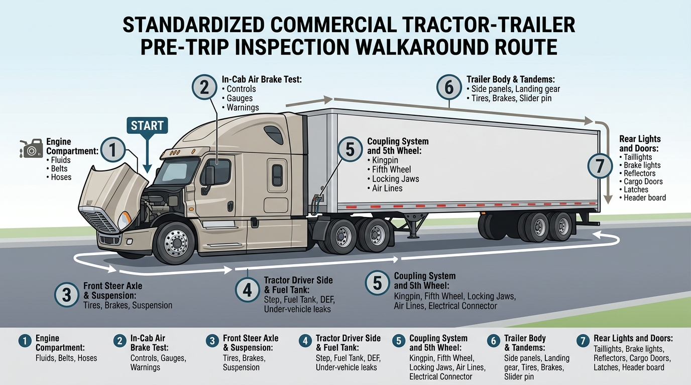 Standardized Commercial Tractor-Trailer Pre-Trip Inspection Walkaround Route Diagram