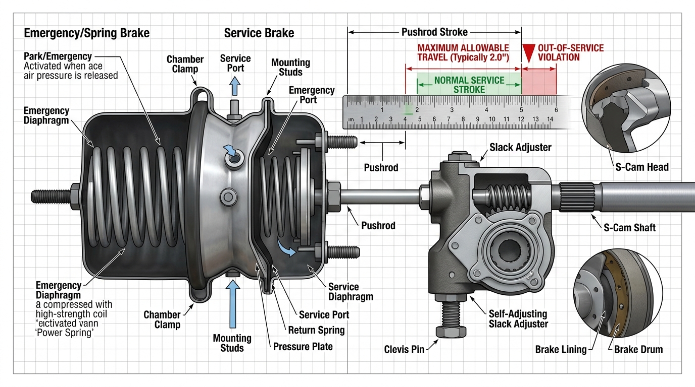 Commercial Truck Air Brake Chamber Pushrod Stroke and Slack Adjuster Cutaway Diagram