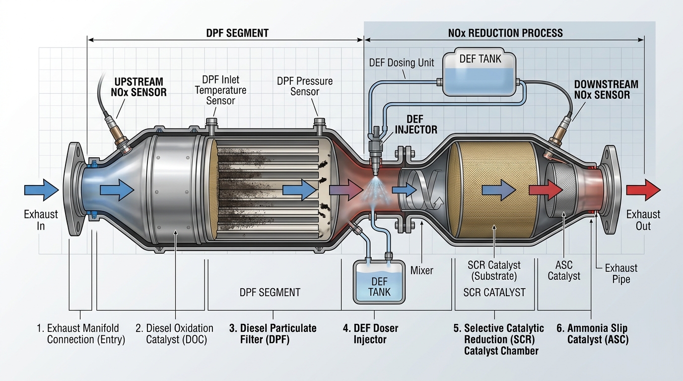 Commercial Truck Diesel Aftertreatment and DEF SCR Exhaust System Architecture Diagram