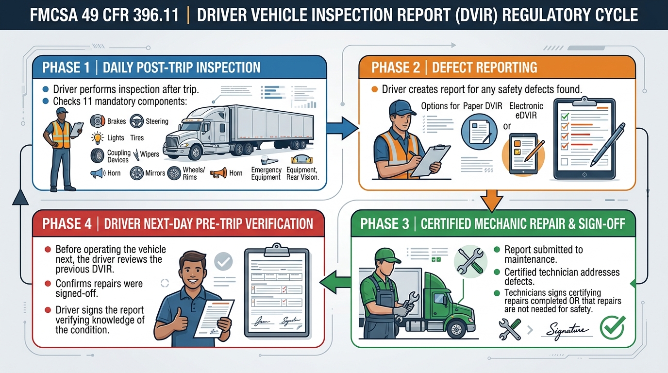 FMCSA 49 CFR 396.11 Driver Vehicle Inspection Report DVIR Regulatory Cycle Diagram