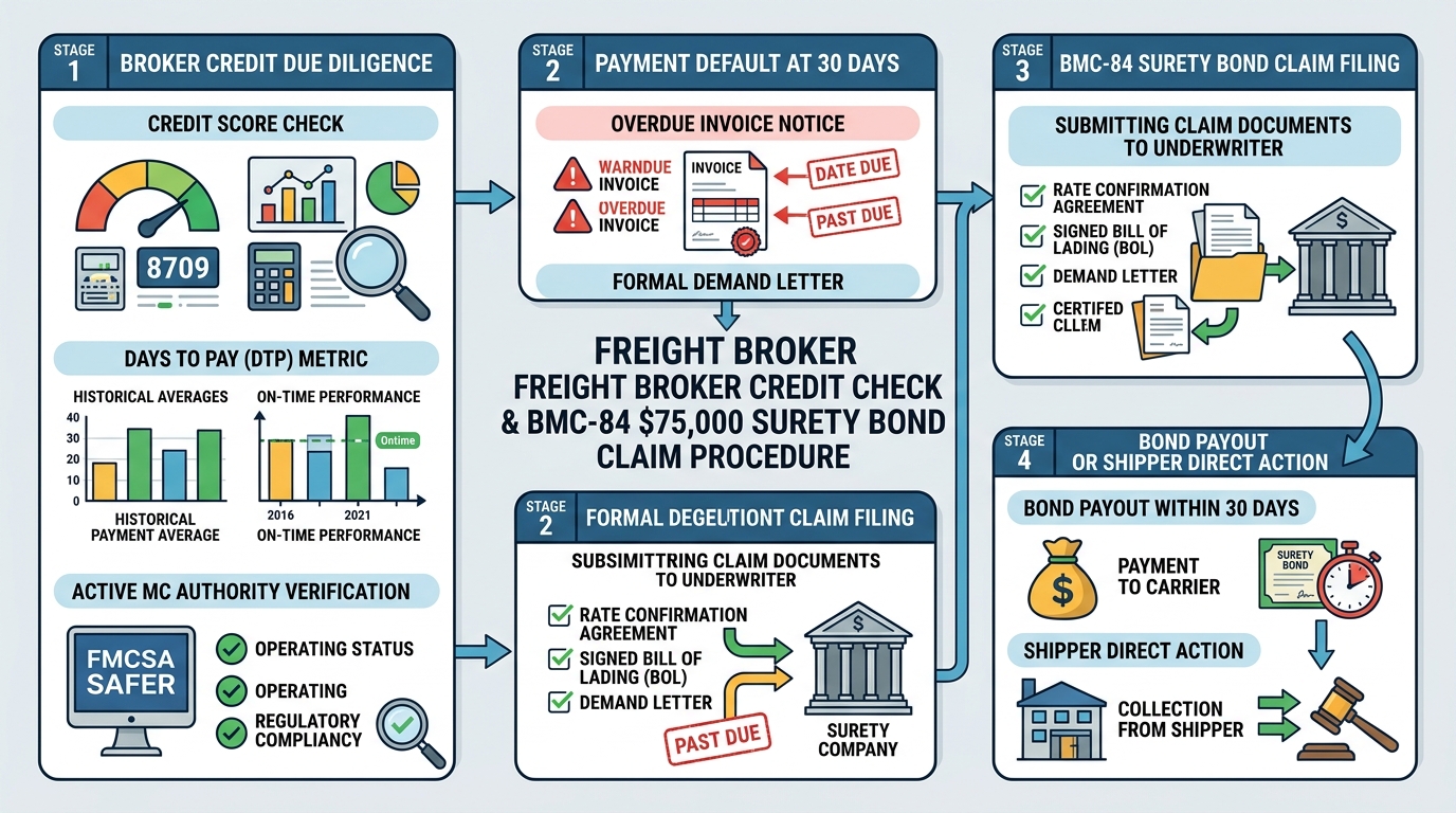 Freight Broker Credit Check and BMC-84 Surety Bond Claim Procedure Infographic