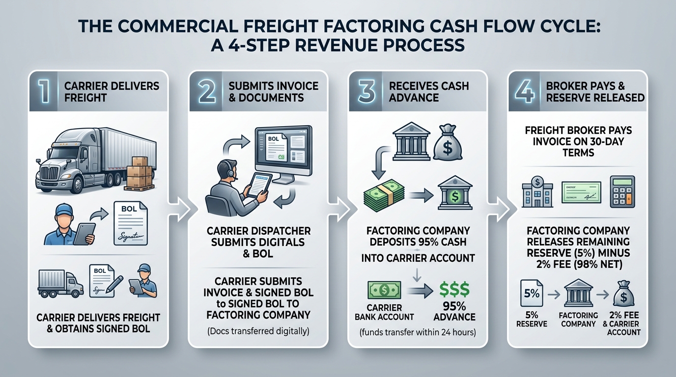 Commercial Freight Factoring Cash Flow Cycle 4-Step Process Diagram