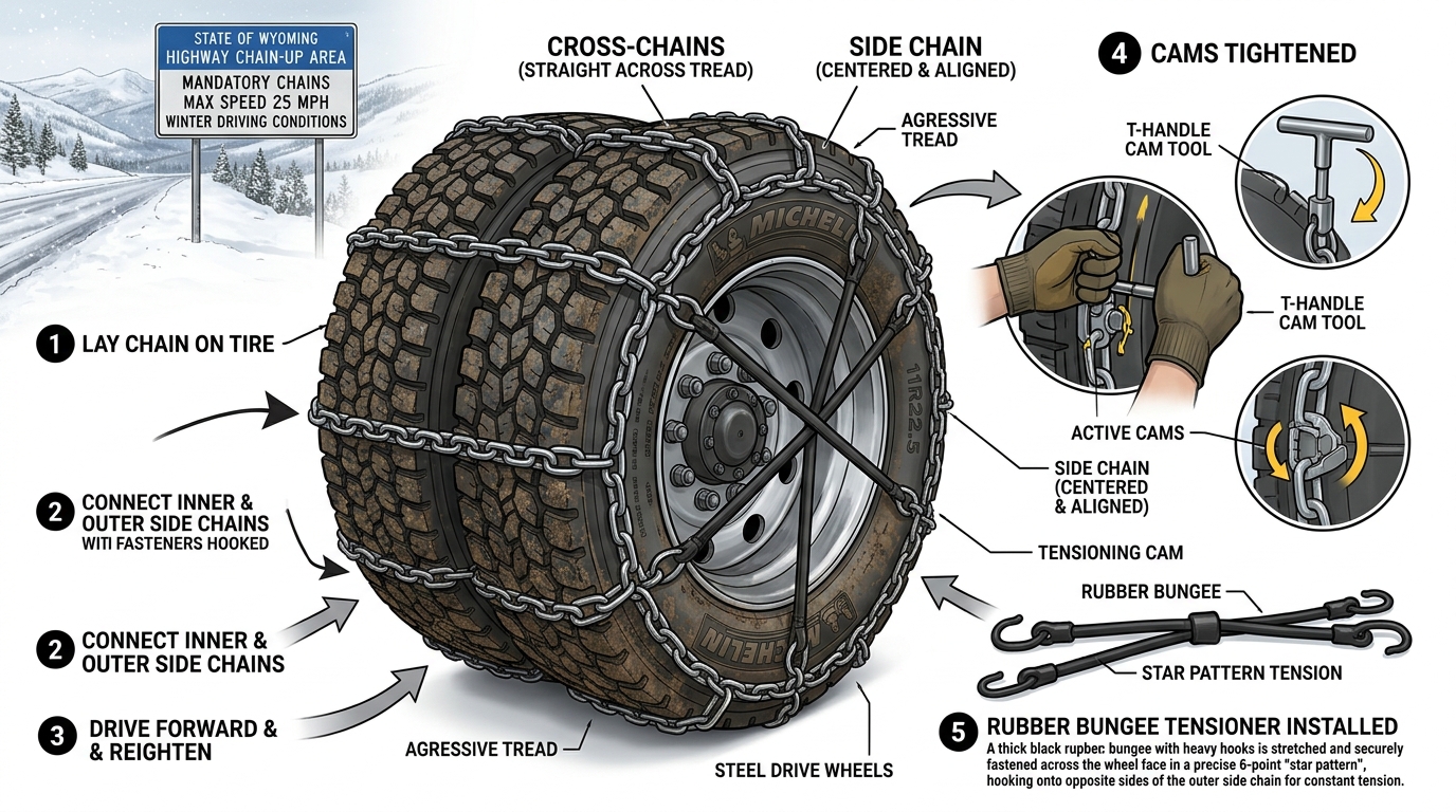 Commercial Truck Tire Chain Installation and Tensioning Diagram on Dual Drive Tires