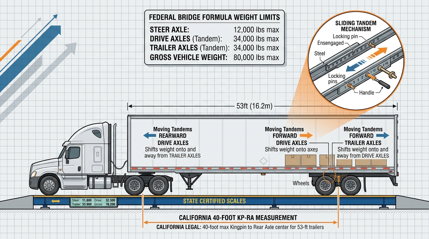 Commercial Semi-Truck Sliding Tandem Trailer Weight Balancing and California 40-Foot Kingpin Diagram