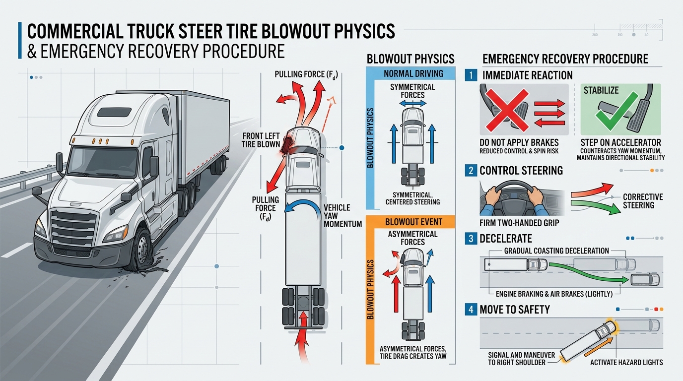 Commercial Truck Steer Tire Blowout Physics and Emergency Recovery Procedure Infographic