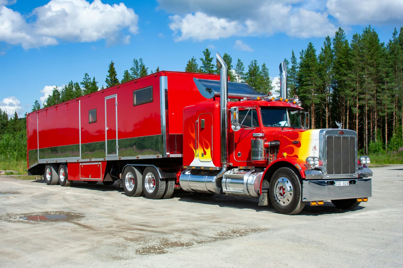 Custom red semi-truck with chrome detailing